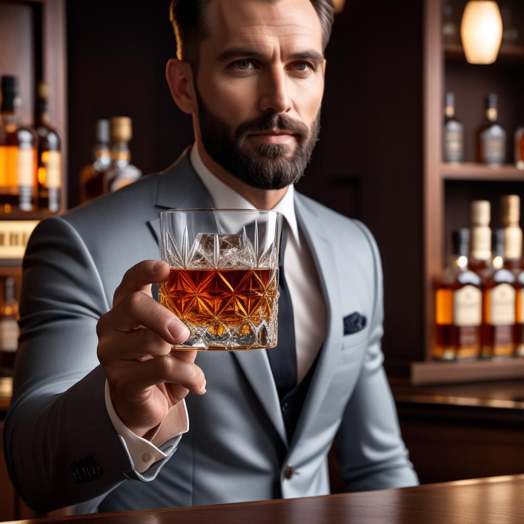  A detailed image of a man's hand holding a posh glass of whiskey with single malt. The man should be wearing a relaxed outfit like a casual shirt, without any beard. The fingers of the hand should look elegant, and the whiskey glass should be crystal-clear and filled with amber-colored whiskey, showcasing the clarity and quality of a single malt. The background should be subtle and stylish, resembling a luxurious bar setting but understated. hyperrealistic, full body, detailed clothing, highly detailed, cinematic lighting, stunningly beautiful, intricate, sharp focus, f/1. 8, 85mm, (centered image composition), (professionally color graded), ((bright soft diffused light)), volumetric fog, trending on instagram, trending on tumblr, HDR 4K, 8K