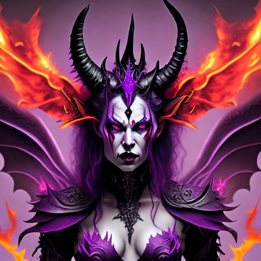  Purple demon queen with red eyes, horns and fairy wings in flames