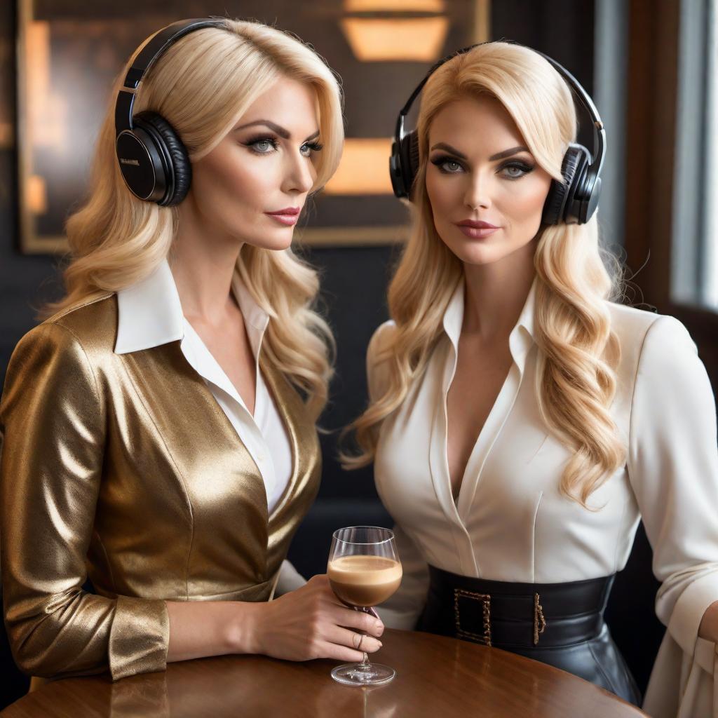  Create a 60s vintage cartoon-style podcast cover featuring two distinct women in their late 30s. One woman has blonde hair and the other has brown hair. They are elegantly dressed in stylish, upscale outfits, with one holding an espresso martini. The setting is an elegant room set up for podcasting, including microphones and headphones. Use warm and inviting colors such as gold, white, and soft pastels. Ensure the title 'Plotting Greatness' is prominently displayed in cursive within the design. hyperrealistic, full body, detailed clothing, highly detailed, cinematic lighting, stunningly beautiful, intricate, sharp focus, f/1. 8, 85mm, (centered image composition), (professionally color graded), ((bright soft diffused light)), volumetric fog, trending on instagram, trending on tumblr, HDR 4K, 8K