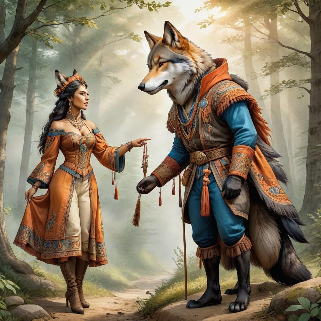  watercolor painting 2D animation, Wolf in Russian folk costume with a vixen in his hand . vibrant, beautiful, painterly, detailed, textural, artistic, on parchment hyperrealistic, full body, detailed clothing, highly detailed, cinematic lighting, stunningly beautiful, intricate, sharp focus, f/1. 8, 85mm, (centered image composition), (professionally color graded), ((bright soft diffused light)), volumetric fog, trending on instagram, trending on tumblr, HDR 4K, 8K