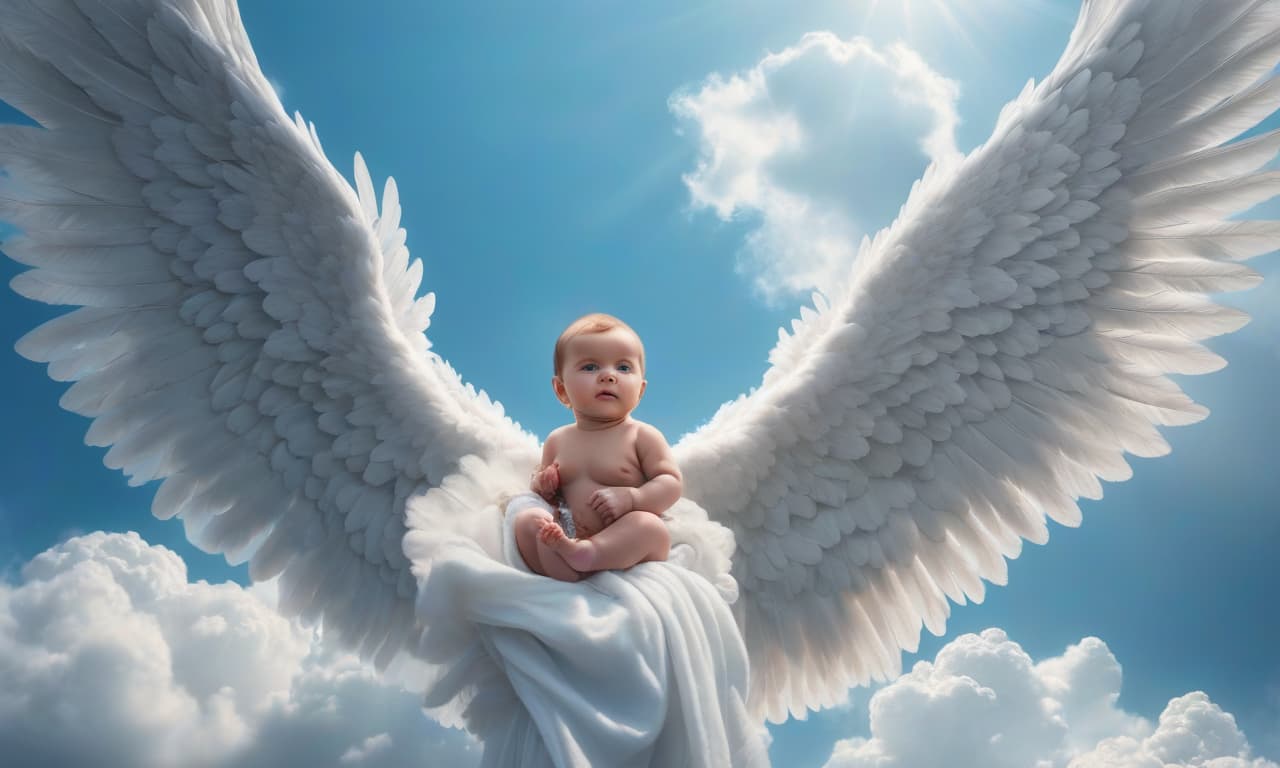  An angel flies in the blue sky, clouds, holding a baby in his hands. hyperrealistic, full body, detailed clothing, highly detailed, cinematic lighting, stunningly beautiful, intricate, sharp focus, f/1. 8, 85mm, (centered image composition), (professionally color graded), ((bright soft diffused light)), volumetric fog, trending on instagram, trending on tumblr, HDR 4K, 8K