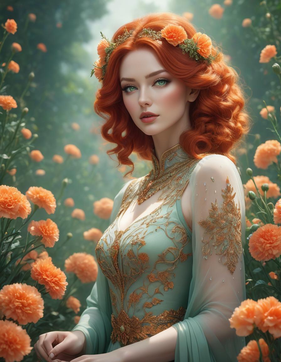  concept art redhead girl and orange carnations, floating hair and many flowers, intense green eyes, intricate fantasy, beautiful, colorful, crisp quality, magical, attractive, beautiful, poster, 8k, cinematic postprocessing (original pic adapted from a prompt by " Soheil Mottaghi Nia ") . digital artwork, illustrative, painterly, matte painting, highly detailed hyperrealistic, full body, detailed clothing, highly detailed, cinematic lighting, stunningly beautiful, intricate, sharp focus, f/1. 8, 85mm, (centered image composition), (professionally color graded), ((bright soft diffused light)), volumetric fog, trending on instagram, trending on tumblr, HDR 4K, 8K