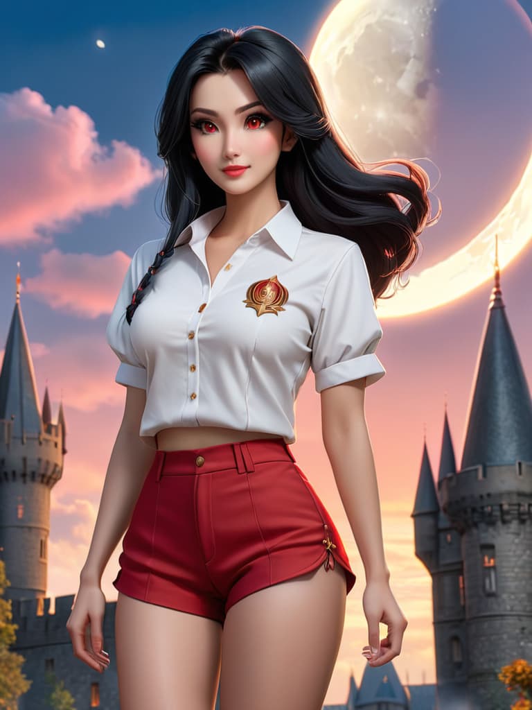  score 9, score 8 up, score 7 up, detailed, black hair, long hair, red eyes, white shirt, short shorts, black shorts, cloud, moon, full moon, Hogwarts, castle hill, night sky, street, shooting star, looking at viewer, blush, light smile, closed mouth, strong pose, (mature female:0.65), v, hand up, clenched hand, hyperrealistic, full body, detailed clothing, highly detailed, cinematic lighting, stunningly beautiful, intricate, sharp focus, f/1. 8, 85mm, (centered image composition), (professionally color graded), ((bright soft diffused light)), volumetric fog, trending on instagram, trending on tumblr, HDR 4K, 8K