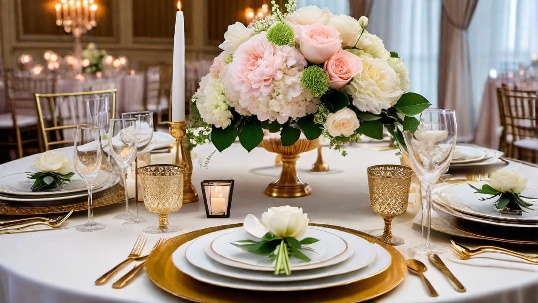  Create an image of an elegant wedding table centerpiece for a formal wedding setting. The centerpiece should feature delicate flowers in soft pastel hues like blush pink roses, ivory peonies, and pale green hydrangeas. Include a wood slice base for the arrangement and gold mercury glass candle holders. The table should be set with crystal glassware and fine china plates to enhance the elegance of the centerpiece. This image must show a centerpiece on a table in a wedding setting. It should be on a table that a guest would sit at. This could include formal table settings. hyperrealistic, full body, detailed clothing, highly detailed, cinematic lighting, stunningly beautiful, intricate, sharp focus, f/1. 8, 85mm, (centered image composition), (professionally color graded), ((bright soft diffused light)), volumetric fog, trending on instagram, trending on tumblr, HDR 4K, 8K