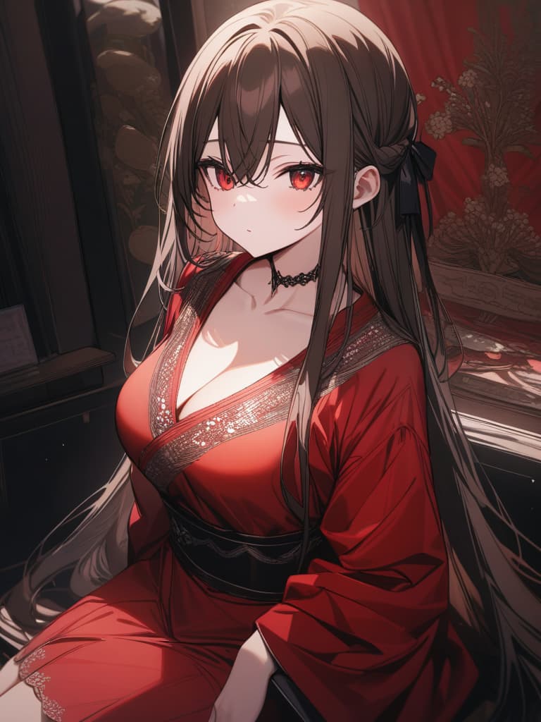  Red eyes, beautiful girls, whole body, long brown hair, red kimono, masterpiece, best quality,8k,ultra detailed,high resolution,an extremely delicate and beautiful,hyper detail