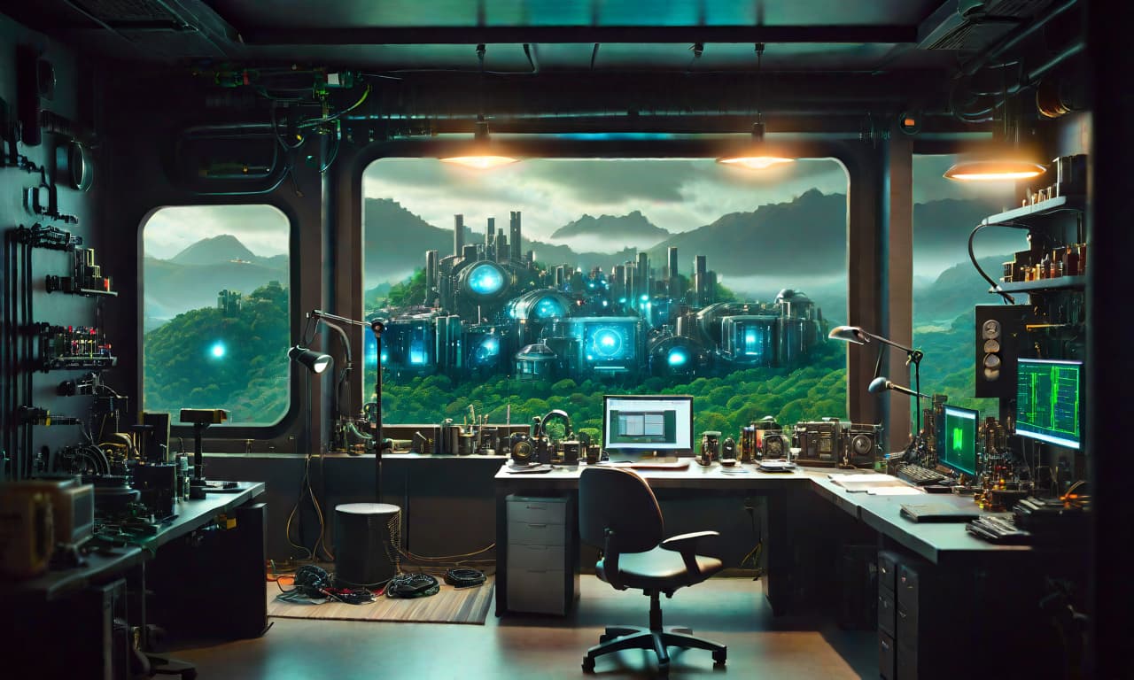  tilt shift photo of a dark cyber laboratory background, green world, realistic, mystical, galaxy, machine in her room that looks like a lab with amazing scenery, zoomed out, big green windows made of silver metal, i, dark atmosphere, clear composition, clear lines, fine detail, 4k, trending on artstation, volumetric lighting, background, 16k, high resolution, atmospheric haze, Film grain, cinematic film still, shallow depth of field, highly detailed, moody, epic, photorealistic, atmospheric lighting, volumetric lighting. The technique of painting is simple, cinematic. ethereal lights, mysterious and alluring atmosphere, trending on art galleries specializing in fantasy art. extremely detailed, fantasy art style, dark colours, symmetrical, r hyperrealistic, full body, detailed clothing, highly detailed, cinematic lighting, stunningly beautiful, intricate, sharp focus, f/1. 8, 85mm, (centered image composition), (professionally color graded), ((bright soft diffused light)), volumetric fog, trending on instagram, trending on tumblr, HDR 4K, 8K