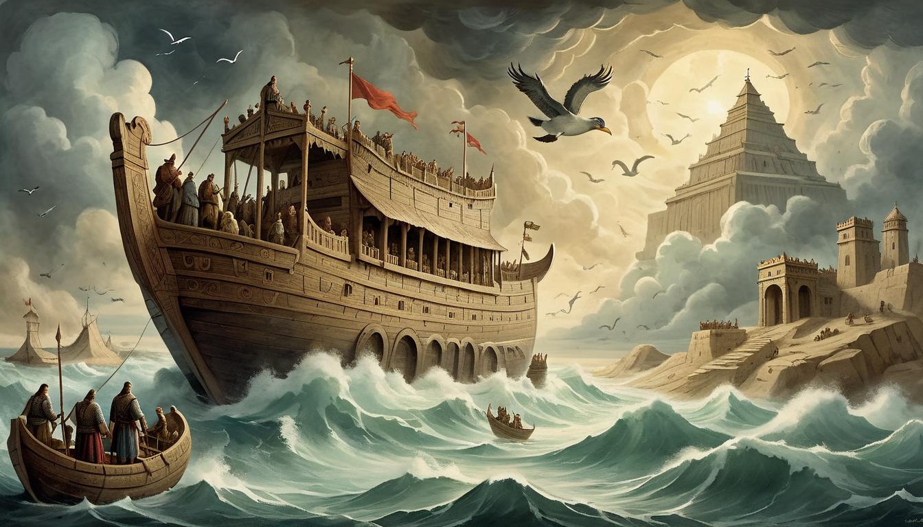  on parchment, surrealism+++, The completed ark, majestic and sturdy, Noah standing at its entrance, light breaking through clouds, animals boarding in an orderly fashion, calm, triumphant mood(mysterious, provocative, symbolic,muted color)+++