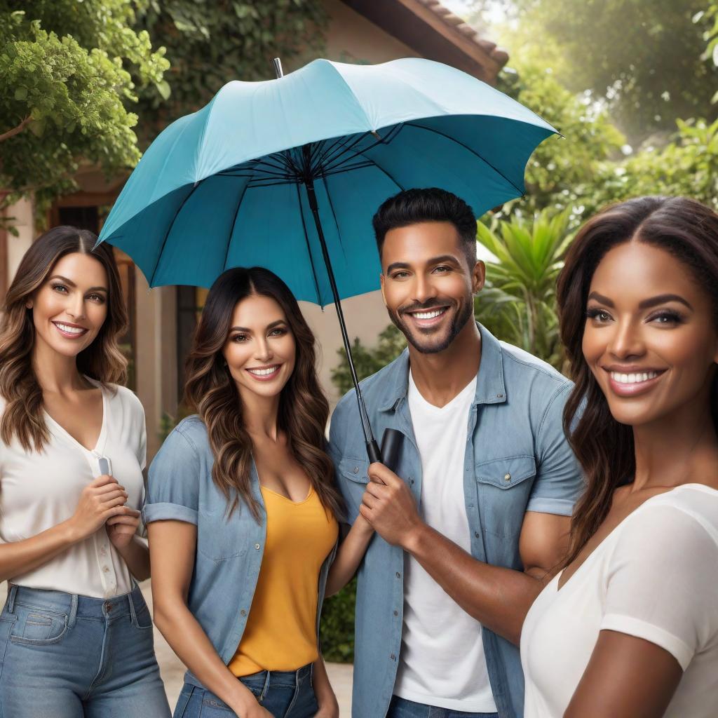  A commercial-style image advertising insurance for $9.95 a month. The image should feature a happy family of four (parents and two children) in front of their house. The design should include a prominent banner or badge that reads '$9.95 a month' in bold, catchy font. Additionally, incorporate elements that symbolize security and protection, such as a shield or umbrella. Use bright and inviting colors to give the image a friendly and trustworthy feel. hyperrealistic, full body, detailed clothing, highly detailed, cinematic lighting, stunningly beautiful, intricate, sharp focus, f/1. 8, 85mm, (centered image composition), (professionally color graded), ((bright soft diffused light)), volumetric fog, trending on instagram, trending on tumblr, HDR 4K, 8K