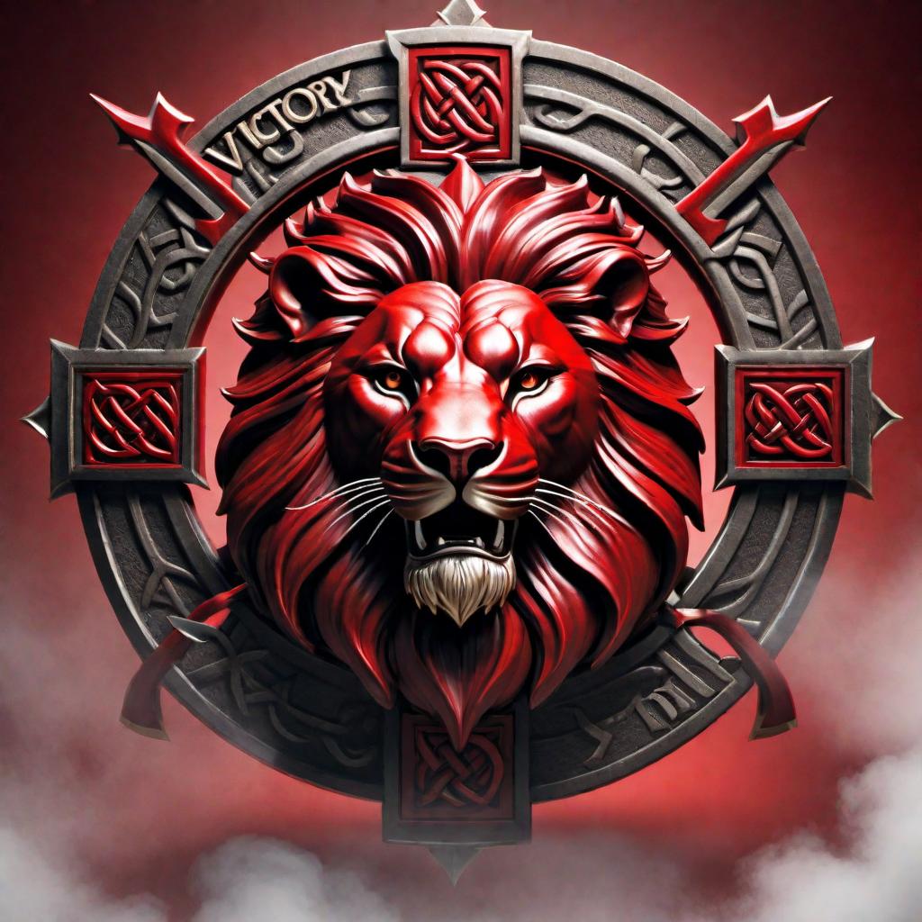  Create a logo with the text 'Victory', incorporating a Celtic cross and an English lion. Use red as the primary color. hyperrealistic, full body, detailed clothing, highly detailed, cinematic lighting, stunningly beautiful, intricate, sharp focus, f/1. 8, 85mm, (centered image composition), (professionally color graded), ((bright soft diffused light)), volumetric fog, trending on instagram, trending on tumblr, HDR 4K, 8K