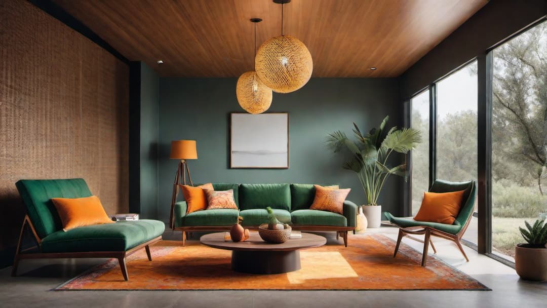  Create an image of a colorful and eclectic living room inspired by the hippie movement of the 1960s and 1970s. Include elements such as tie dye fabrics, macramé wall hangings, bean bag chairs, lava lamps, and vintage vinyl records. The color palette should consist of vibrant hues like orange, yellow, and green. additional guidelines  hyperrealistic, full body, detailed clothing, highly detailed, cinematic lighting, stunningly beautiful, intricate, sharp focus, f/1. 8, 85mm, (centered image composition), (professionally color graded), ((bright soft diffused light)), volumetric fog, trending on instagram, trending on tumblr, HDR 4K, 8K