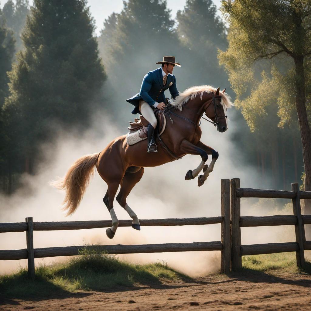  A horse riding on Christopher Reeves' back as they jump over a short fence. The horse is on the back of Christopher Reeves, not the other way around. hyperrealistic, full body, detailed clothing, highly detailed, cinematic lighting, stunningly beautiful, intricate, sharp focus, f/1. 8, 85mm, (centered image composition), (professionally color graded), ((bright soft diffused light)), volumetric fog, trending on instagram, trending on tumblr, HDR 4K, 8K