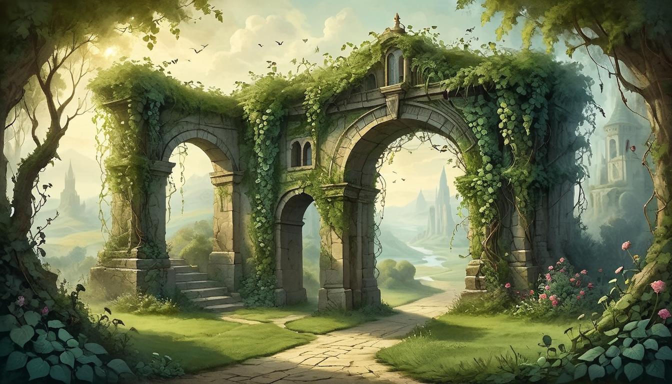  on parchment, surrealism+++, An ancient gateway covered in vines, leading to a hidden land, light shimmering through the archway, inviting, magical, an opening of possibilities(mysterious, provocative, symbolic,muted color)+++