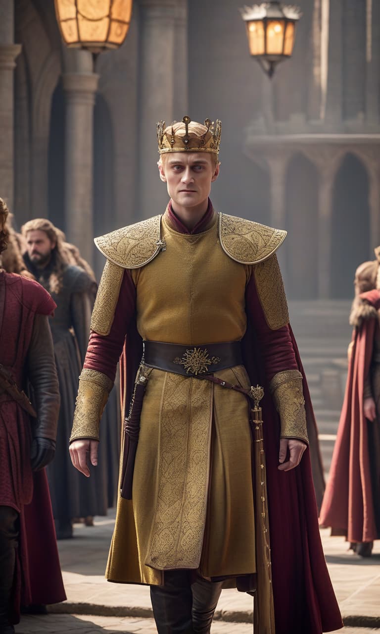  Game of Thrones: Joffrey Baratheon escapes hyperrealistic, full body, detailed clothing, highly detailed, cinematic lighting, stunningly beautiful, intricate, sharp focus, f/1. 8, 85mm, (centered image composition), (professionally color graded), ((bright soft diffused light)), volumetric fog, trending on instagram, trending on tumblr, HDR 4K, 8K