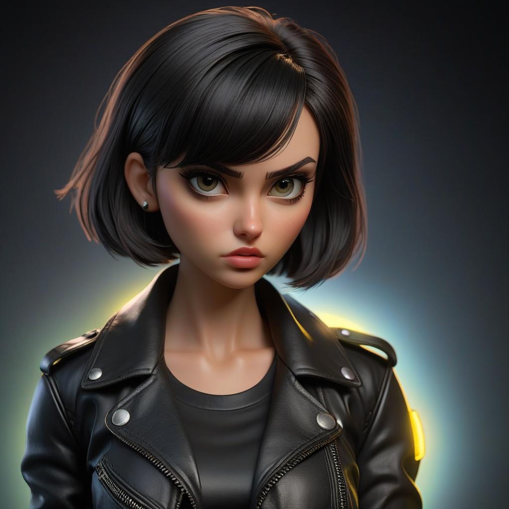  A girl with dark hair, bob cut, wearing a black top and jeans shorts, stands in a black leather jacket, looking mean, lighting from fluorescent. hyperrealistic, full body, detailed clothing, highly detailed, cinematic lighting, stunningly beautiful, intricate, sharp focus, f/1. 8, 85mm, (centered image composition), (professionally color graded), ((bright soft diffused light)), volumetric fog, trending on instagram, trending on tumblr, HDR 4K, 8K