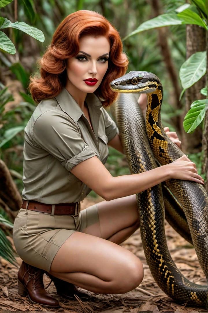  a 1920’s era young female,auburn haired,jungle explorer ,Jill St. John , wearing her khaki shorts and shirt with khaki knee socks , is attacked by a python She wraps the python around her waist hyperrealistic, full body, detailed clothing, highly detailed, cinematic lighting, stunningly beautiful, intricate, sharp focus, f/1. 8, 85mm, (centered image composition), (professionally color graded), ((bright soft diffused light)), volumetric fog, trending on instagram, trending on tumblr, HDR 4K, 8K