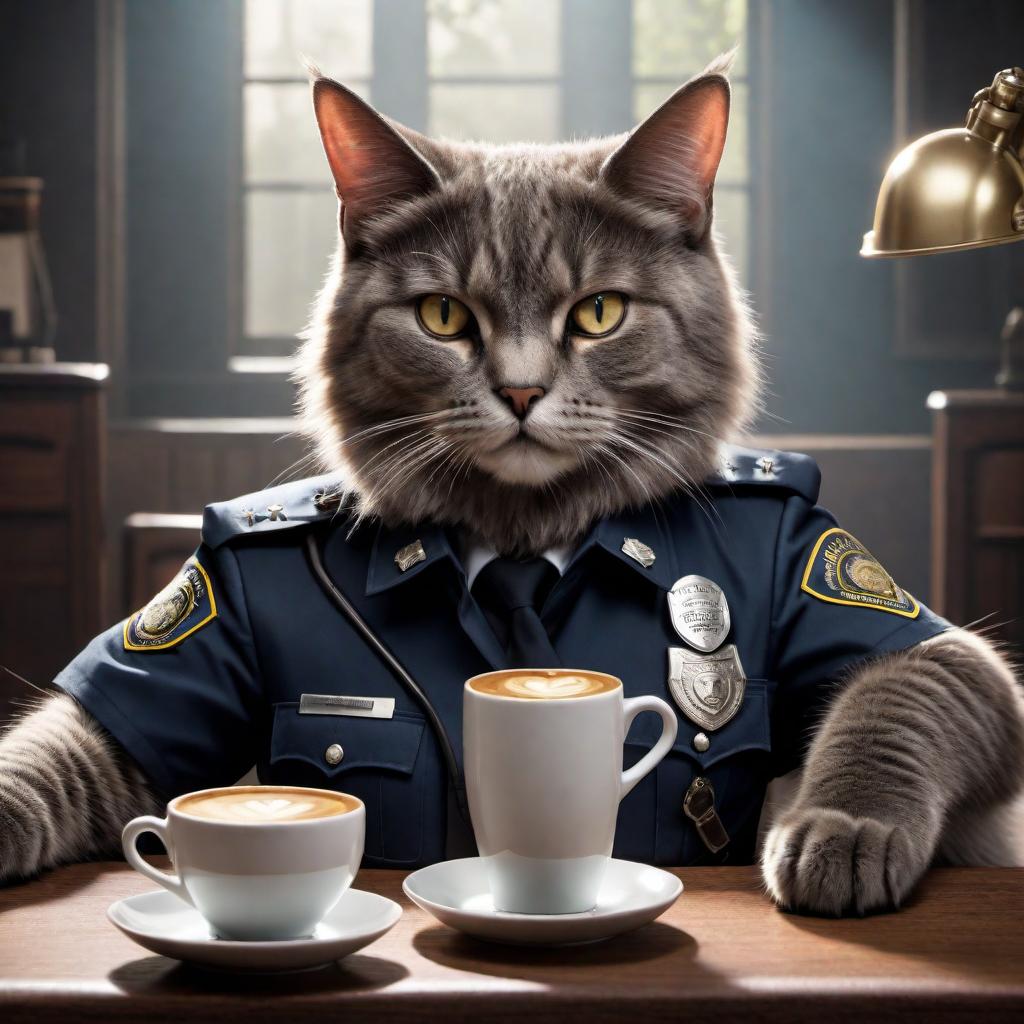  A meme with a very human-like cat dressed in a police uniform, sitting at a table. The cat is holding a handgun and a coffee mug. There’s a caption at the top that says "I HAVEN'T HAD MY COFFEE YET" and at the bottom "DON'T PURRR-SUE ME". The scene plays on the phrase "don't pursue me" with a humorous twist, replacing "pursue" with "purr-sue," referencing the sound that cats make. The cat looks irritated. hyperrealistic, full body, detailed clothing, highly detailed, cinematic lighting, stunningly beautiful, intricate, sharp focus, f/1. 8, 85mm, (centered image composition), (professionally color graded), ((bright soft diffused light)), volumetric fog, trending on instagram, trending on tumblr, HDR 4K, 8K