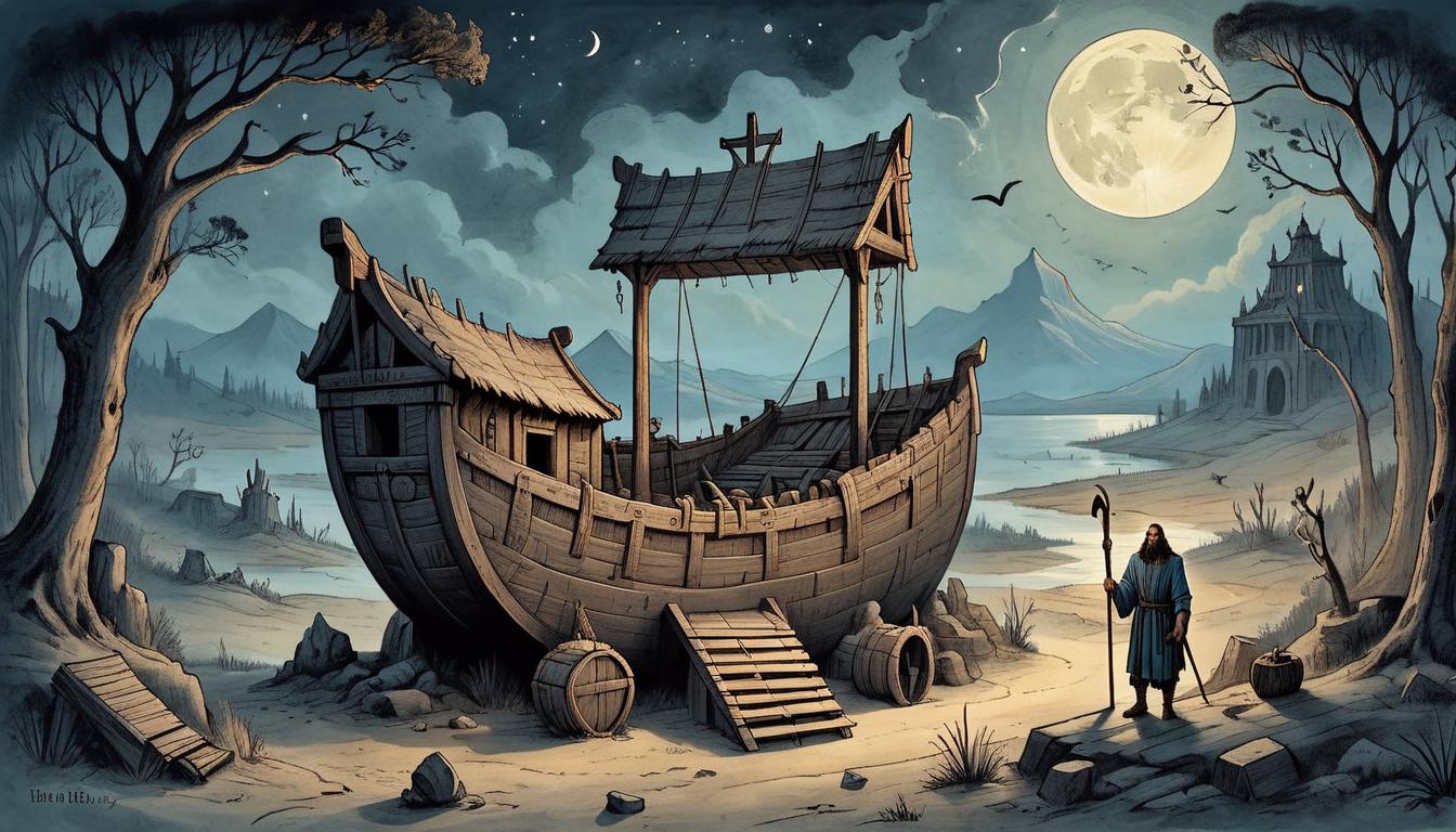  on parchment, surrealism+++, A serene, moonlit landscape, with Noah standing resolutely beside a half constructed ark, ancient tools scattered around, details of the ark's wooden structure, twilight glow, calm determination(mysterious, provocative, symbolic,muted color)+++