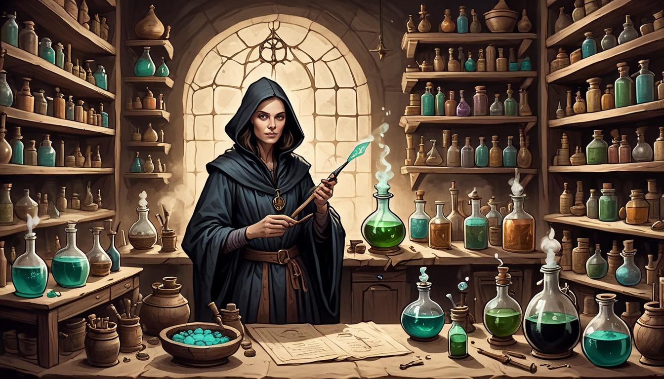  on parchment, surrealism+++, Female alchemist in dark robes, surrounded by shelves filled with potions and alchemical tools, working on an experiment, focused, scholarly(mysterious, provocative, symbolic,muted color)+++