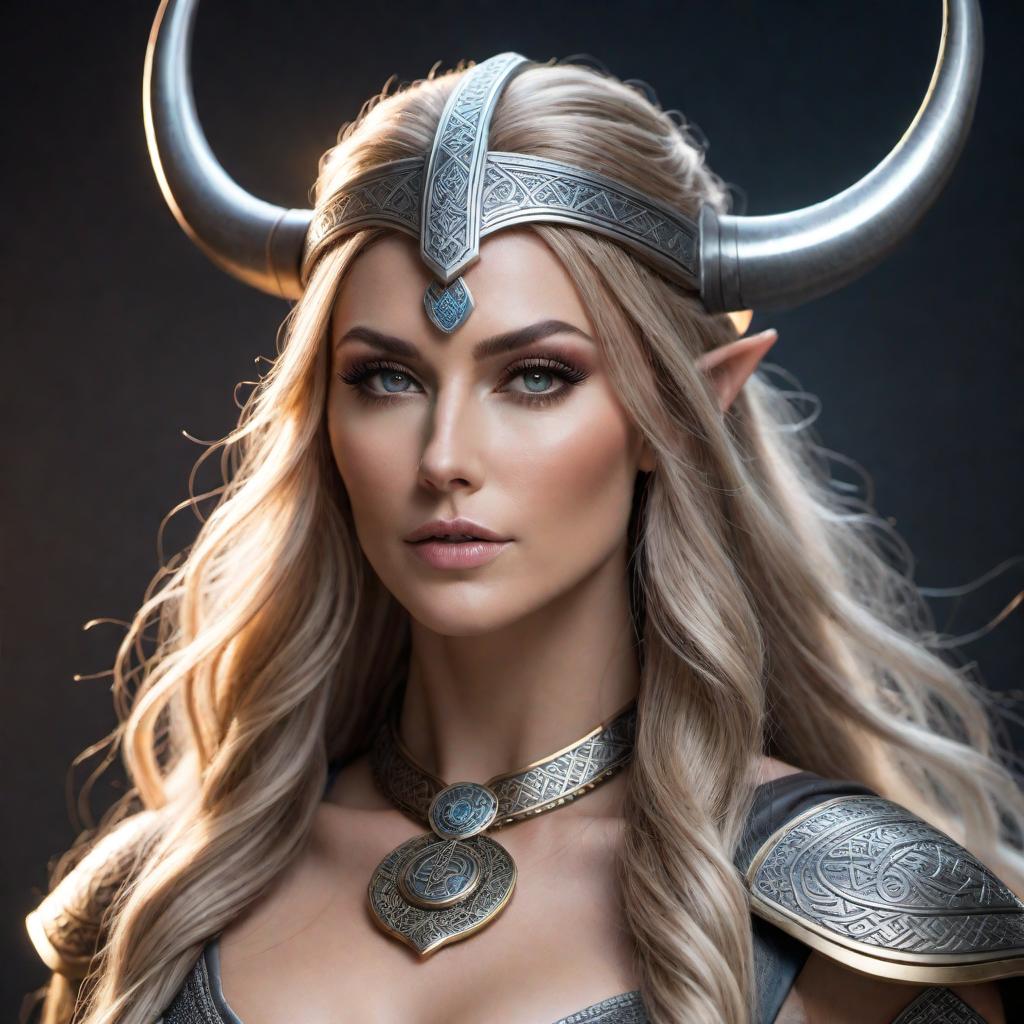  A modern, AI-inspired version of Freya from Norse mythology. She is depicted as a strong and beautiful Viking goddess, with a touch of technology. She has long, flowing hair, traditional Viking attire mixed with futuristic elements, and an aura that blends ancient mythology with modern innovation. hyperrealistic, full body, detailed clothing, highly detailed, cinematic lighting, stunningly beautiful, intricate, sharp focus, f/1. 8, 85mm, (centered image composition), (professionally color graded), ((bright soft diffused light)), volumetric fog, trending on instagram, trending on tumblr, HDR 4K, 8K