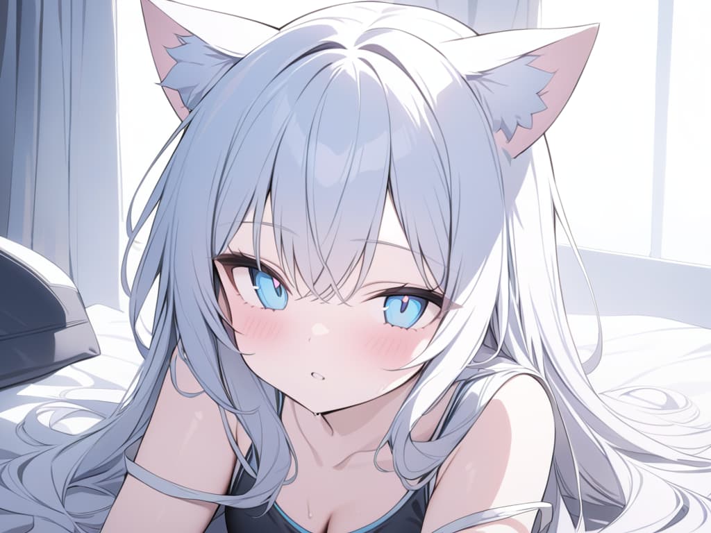  White long hair, cat ears, light blue eyes, young , masterpiece, best quality,8k,ultra detailed,high resolution,an extremely delicate and beautiful,hyper detail