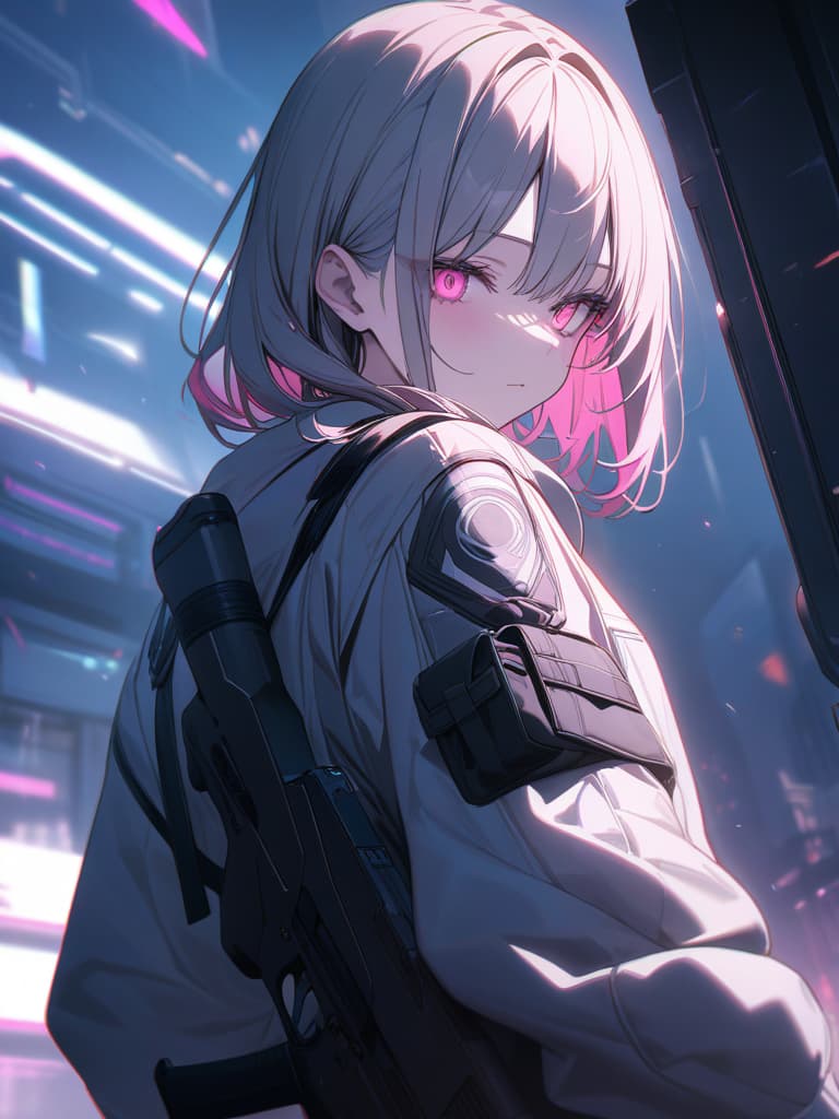  Hair pink long, pink eyes, beautiful young, guns, cyberpunk, high quality, masterpiece, best quality,8k,ultra detailed,high resolution,an extremely delicate and beautiful,hyper detail