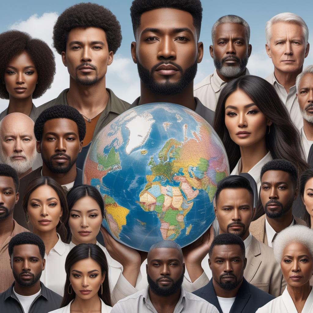  An intense image of a group of people of all nationalities including white men and women, black men and women, Chinese women, Japanese men, Indian, and African people joined together in solidarity, praying for peace on Earth. The background features a collage of many countries merged together from all over the world, symbolizing unity and global harmony. hyperrealistic, full body, detailed clothing, highly detailed, cinematic lighting, stunningly beautiful, intricate, sharp focus, f/1. 8, 85mm, (centered image composition), (professionally color graded), ((bright soft diffused light)), volumetric fog, trending on instagram, trending on tumblr, HDR 4K, 8K