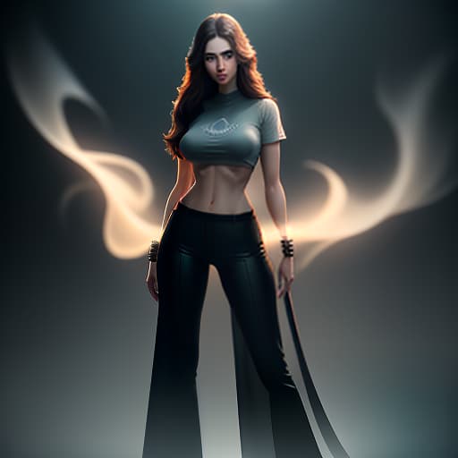  Beautiful young woman, long brown hair, dark eyes, pants, T shirt, full height, stands., (Surrealism), dreamlike , distorted , abstract , symbolic hyperrealistic, full body, detailed clothing, highly detailed, cinematic lighting, stunningly beautiful, intricate, sharp focus, f/1. 8, 85mm, (centered image composition), (professionally color graded), ((bright soft diffused light)), volumetric fog, trending on instagram, trending on tumblr, HDR 4K, 8K