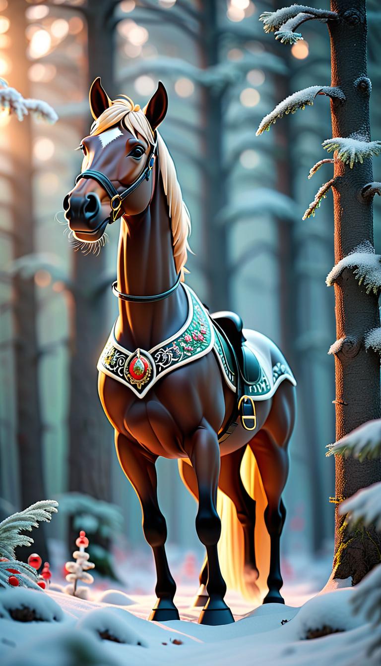  Professional 3D model of A Horse stand in a winter forest With Cute Christmas decorations. . Rendered with Octane, the model is highly detailed,dramatic lighting. hyperrealistic, full body, detailed clothing, highly detailed, cinematic lighting, stunningly beautiful, intricate, sharp focus, f/1. 8, 85mm, (centered image composition), (professionally color graded), ((bright soft diffused light)), volumetric fog, trending on instagram, trending on tumblr, HDR 4K, 8K