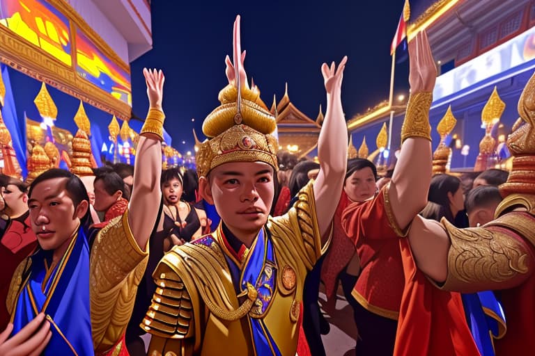  Party at the palace, celebrating victory outside Thai palace in the night sooooo many people There are warriors Look at the picture from a distant perspective.