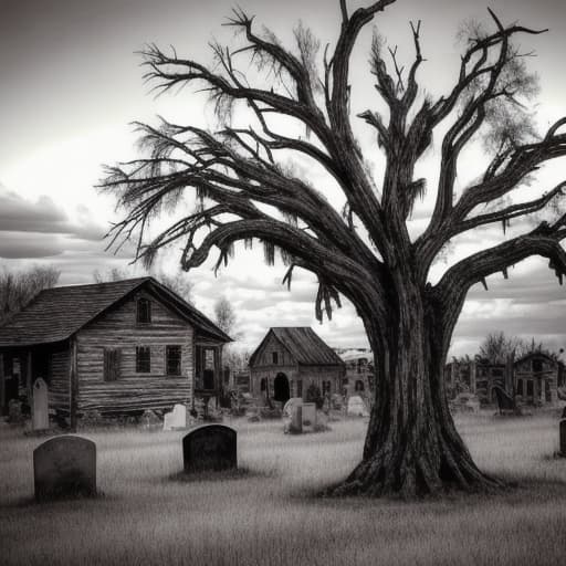  A rustic ghost town style graveyard with a large dead tree in the background.