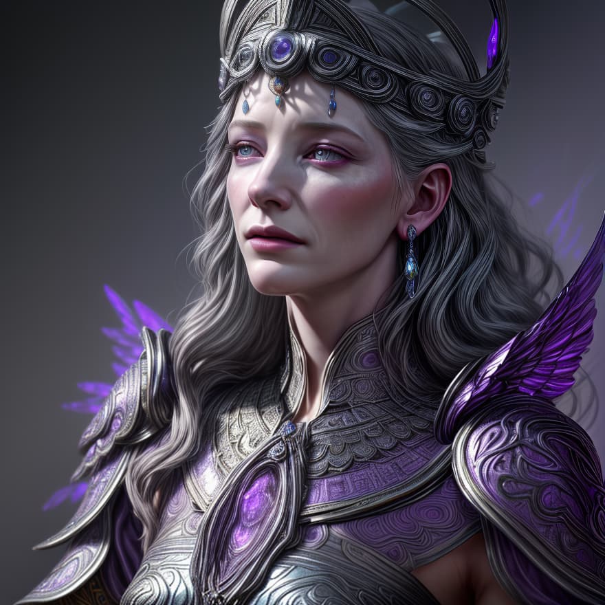  young Cate Blanchett as a one goddess, 1 character, from sky, from heaven, A hyper realistic opal statue of Greek goddesses of dreams ((Oneiros)) Athena with colourful, sharp purple detailed, metallic carvings purple, (((blurred gray background))) in the style gods, Hyperdetailed photorealism, 108 megapixels, purple amazing depth, glowing rich colors, powerful imagery, psychedelic, cinematic lighting, artstation concept art, smooth, sharp focus, illustration, art by John Collier and 8k, an epic fantasy, Digital art. Highly detailed. Octane render. beautiful light, Ultra detailed, realistic, surreal, 8k, cinematic, ultra realistic