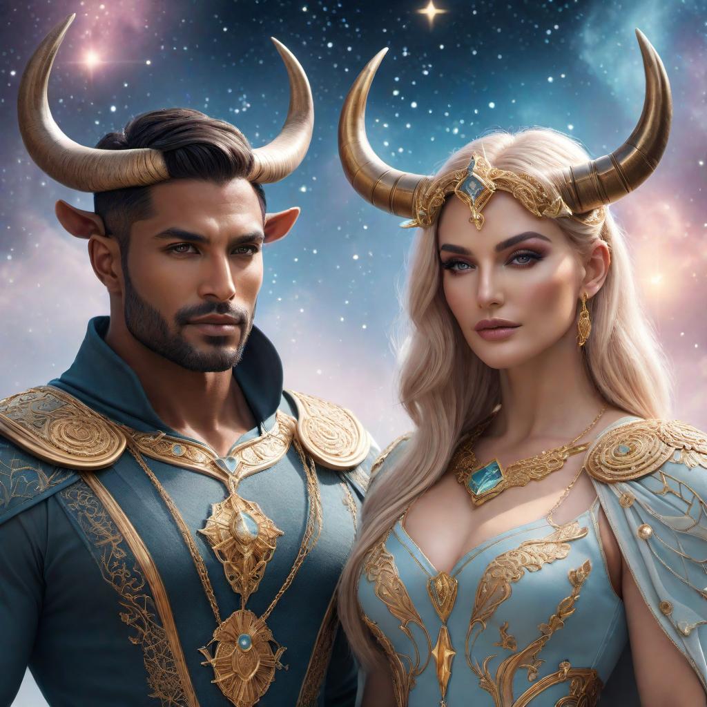  Taurus male and Gemini female zodiac sign in lofi fantasy style. The scene features a dreamy, mystical atmosphere with soft, glowing lights and ethereal colors. The Taurus male has a strong and nurturing presence with distinctive bull horns, while the Gemini female has a curious and playful expression. They are surrounded by zodiac symbols, stars, and a serene background, reflecting their astrological connection. hyperrealistic, full body, detailed clothing, highly detailed, cinematic lighting, stunningly beautiful, intricate, sharp focus, f/1. 8, 85mm, (centered image composition), (professionally color graded), ((bright soft diffused light)), volumetric fog, trending on instagram, trending on tumblr, HDR 4K, 8K