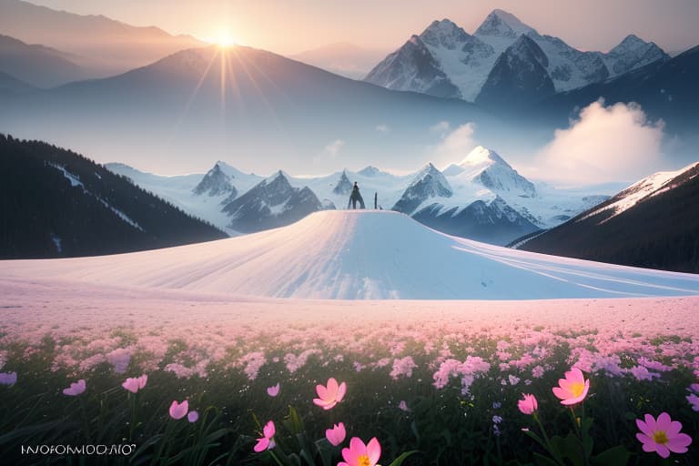  RAW Photography,Snow capped mountains, flowers and moos, sunrise, sunrays, white clouds,lens flare, low wide angle,, (sharpness in detail:1.1), Canon EOS 5D Mark IV, masterpiece, 35mm photograph, (iconic photograph:1.4), (visual storytelling:1.2), film grain, award winning photography,vibrant use of light and shadow, vivid colors,high quality textures of materials, volumetric textures perfect composition, dynamic play of light, rich colors, epic shot, perfectly quality, natural textures,high detail, high sharpness, high clarity, detailed ,photoshadow, intricate details, 8k hyperrealistic, full body, detailed clothing, highly detailed, cinematic lighting, stunningly beautiful, intricate, sharp focus, f/1. 8, 85mm, (centered image composition), (professionally color graded), ((bright soft diffused light)), volumetric fog, trending on instagram, trending on tumblr, HDR 4K, 8K