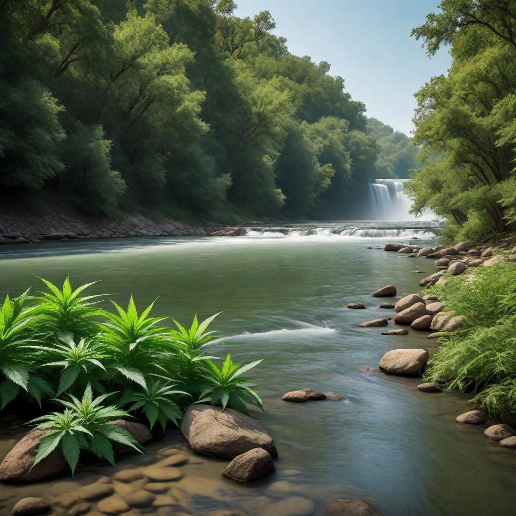  A realistic scene of the Brazos River flowing peacefully with lush green marijuana plants on both banks. Add the text 'Brazos River Bud Company' written in a stylish cursive or elegant font, clearly overlayed in an aesthetically pleasing manner. The overall design should be clean, professional, and natural, highlighting the beauty of the river and the plants. hyperrealistic, full body, detailed clothing, highly detailed, cinematic lighting, stunningly beautiful, intricate, sharp focus, f/1. 8, 85mm, (centered image composition), (professionally color graded), ((bright soft diffused light)), volumetric fog, trending on instagram, trending on tumblr, HDR 4K, 8K