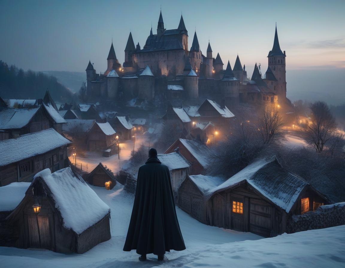  cinematic film still No people. Small village in Romania in the snow. In the style of Jean Baptiste Monge, old gothic rickety buildings. Bunches of garlic hang on the doors of houses. Dracula's castle is visible in the distance. Night, bats fly in the sky. Scary. Details. Lots of embellishments and small details, detailed look. soft colors, HDR, 4K . shallow depth of field, vignette, highly detailed, high budget, bokeh, cinemascope, moody, epic, gorgeous, film grain, grainy hyperrealistic, full body, detailed clothing, highly detailed, cinematic lighting, stunningly beautiful, intricate, sharp focus, f/1. 8, 85mm, (centered image composition), (professionally color graded), ((bright soft diffused light)), volumetric fog, trending on instagram, trending on tumblr, HDR 4K, 8K