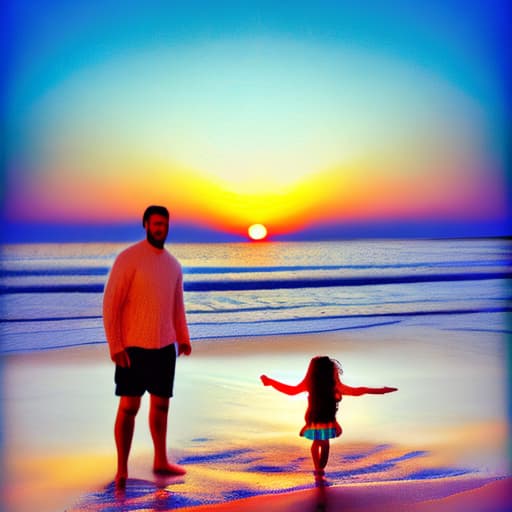 wa-vy style Father and daughter, sunrise at beach fantastic, colorful