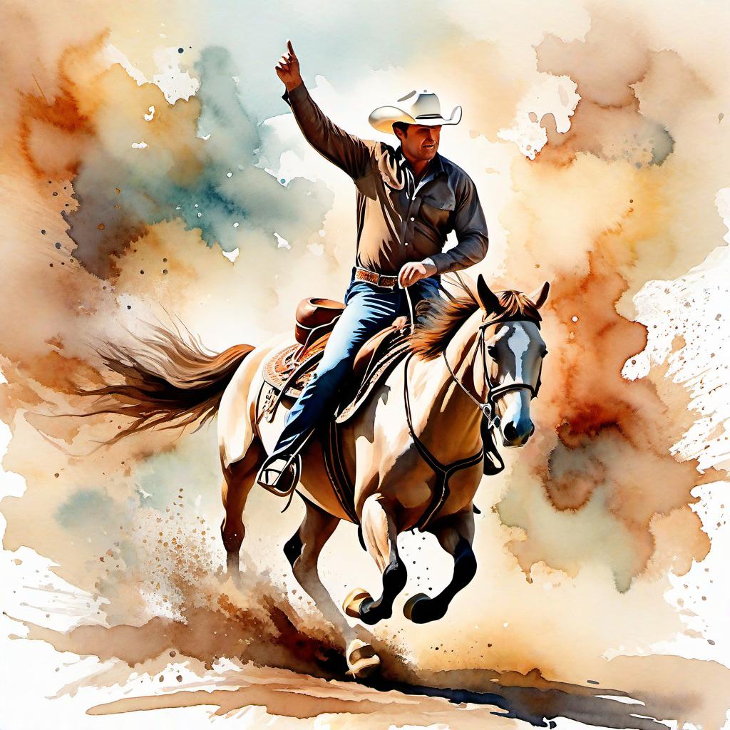  Create a watercolor painting of a man ridding a bucking horse at a rodeo. The background features soft, watercolor style splashes in earthy tones, giving the image an artistic and dreamy feel. Ensure the overall image has a delicate watercolor effect.