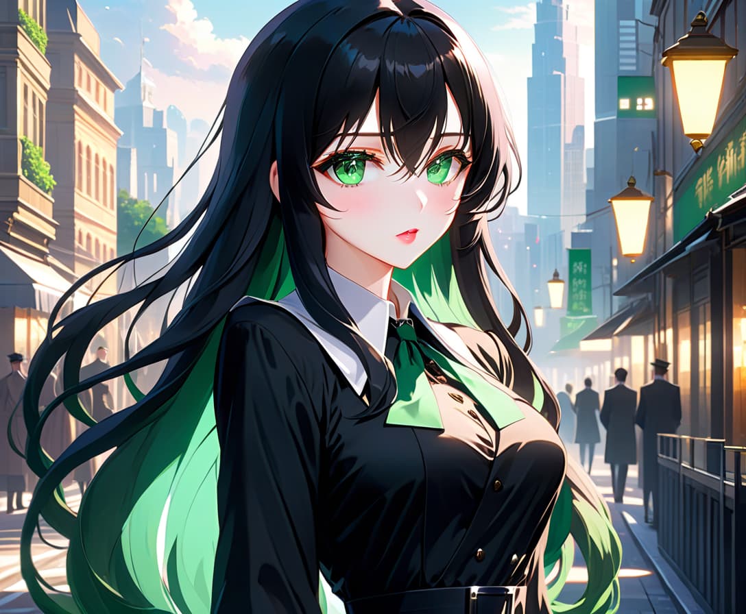  anime artwork beautiful , , green eyes, long black wavy hair, slender figure, small neat s, dressed in a black dress with a white collar and white cuffs, full length, against the backdrop of a modern city. (photorealism, oil painting: 1.3), (full length shot: 1.3), mesmerizing , long flowing black hair, (large sensual mouth: 1.2), plump lips, sparkling emerald eyes, narrow waist, (sensual figure: 1,2), silvery glow, ethereal aura, detailed brushwork, intricate shadows and highlights, mysterious and captivating expression, unique color palette, masterful use of light and shadow, captivating atmosphere, raw emotion, intense gaze, dynamic composition . . anime style, key visual, vint, studio anime, highly d hyperrealistic, full body, detailed clothing, highly detailed, cinematic lighting, stunningly beautiful, intricate, sharp focus, f/1. 8, 85mm, (centered image composition), (professionally color graded), ((bright soft diffused light)), volumetric fog, trending on instagram, trending on tumblr, HDR 4K, 8K