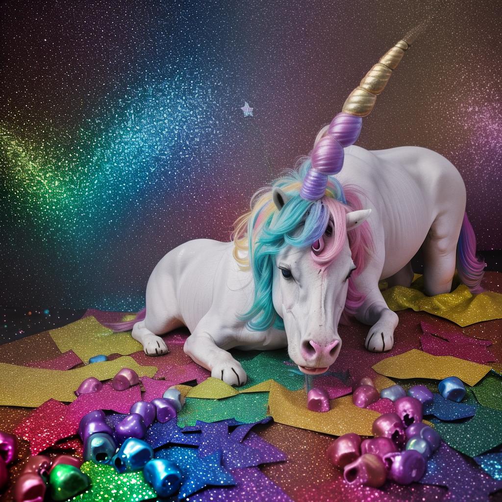  16k high quality sharp and clear high contrast photo of a single unicorn barfing, throwing up rainbow, glitter hearts, stars, skulls
