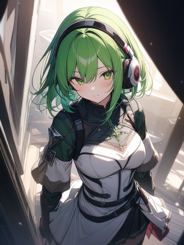  Green hair short hair character equipped with headphones only with white loincloth, masterpiece, best quality,8k,ultra detailed,high resolution,an extremely delicate and beautiful,hyper detail