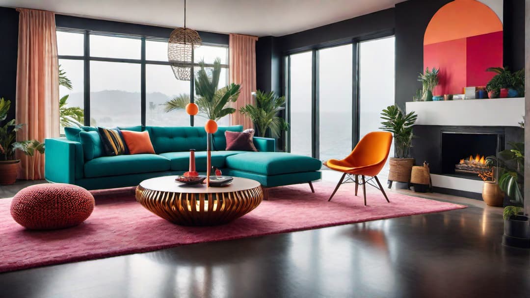  Create an image of an 80s retro living room filled with bold colors and geometric patterns. The room should feature bright neon hues, funky furniture designs, and abstract art pieces reminiscent of the era. Include a large, plush sofa in a striking geometric print, surrounded by retro floor lamps and a shaggy rug. The atmosphere should exude a fun and lively ambiance typical of 80s interior design. hyperrealistic, full body, detailed clothing, highly detailed, cinematic lighting, stunningly beautiful, intricate, sharp focus, f/1. 8, 85mm, (centered image composition), (professionally color graded), ((bright soft diffused light)), volumetric fog, trending on instagram, trending on tumblr, HDR 4K, 8K