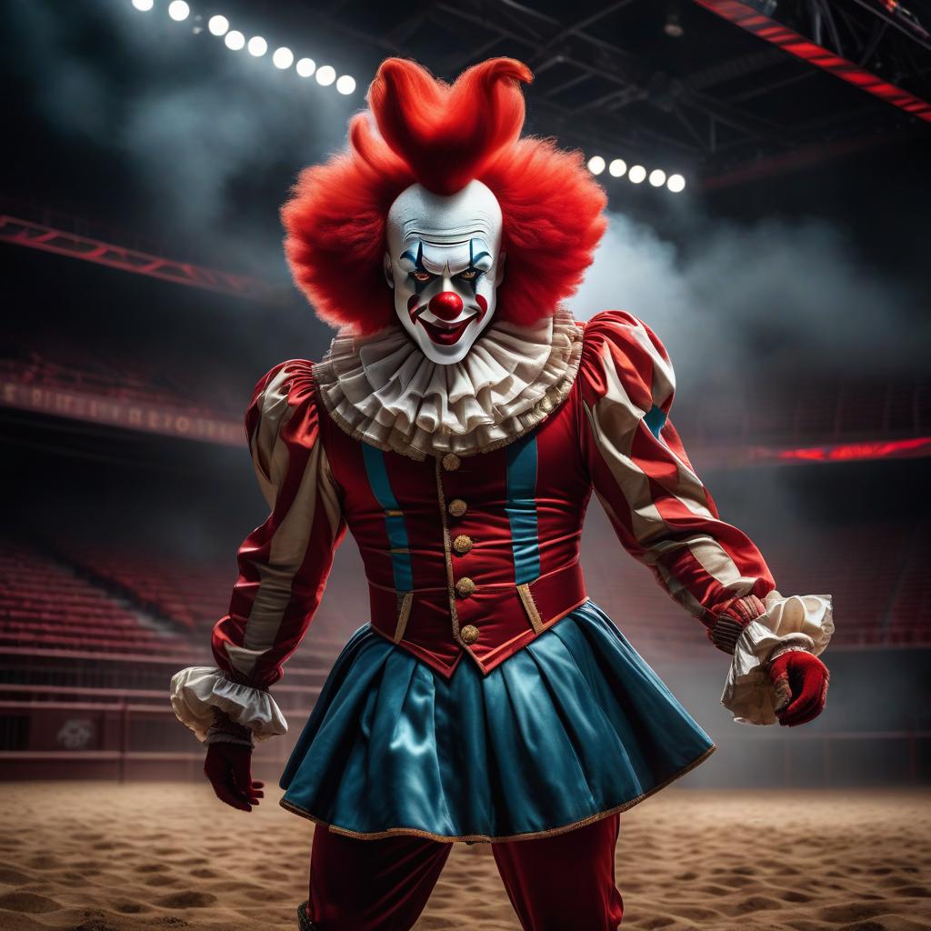  Red clown in the arena, cartoon, abstractionism, surrealism, pin ups hyperrealistic, full body, detailed clothing, highly detailed, cinematic lighting, stunningly beautiful, intricate, sharp focus, f/1. 8, 85mm, (centered image composition), (professionally color graded), ((bright soft diffused light)), volumetric fog, trending on instagram, trending on tumblr, HDR 4K, 8K