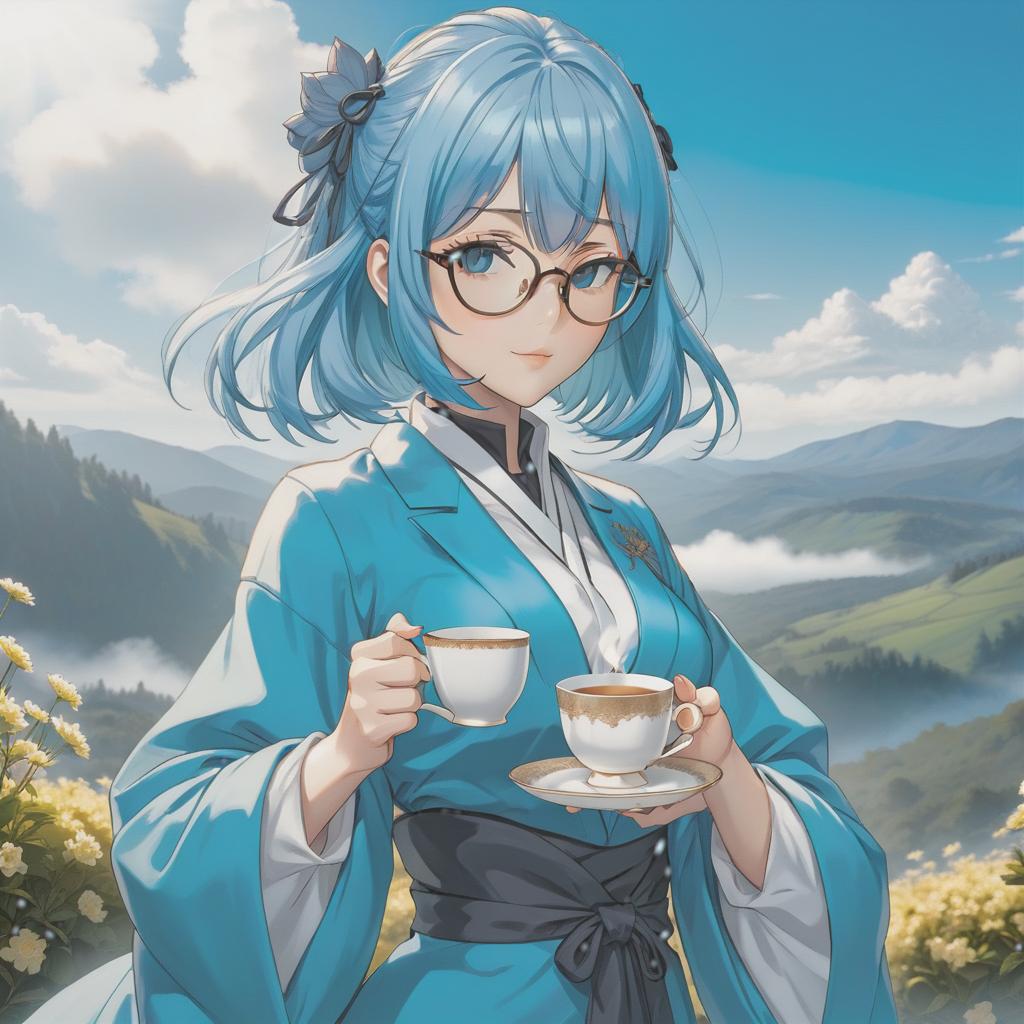  minimalist style make a anime girl with tea cup sketch, in blue colors, with round glasses, blue hair, casual style, old pic, carré hairstyle, only line art, hills and blue sky on background . simple, clean, uncluttered, modern, elegant hyperrealistic, full body, detailed clothing, highly detailed, cinematic lighting, stunningly beautiful, intricate, sharp focus, f/1. 8, 85mm, (centered image composition), (professionally color graded), ((bright soft diffused light)), volumetric fog, trending on instagram, trending on tumblr, HDR 4K, 8K