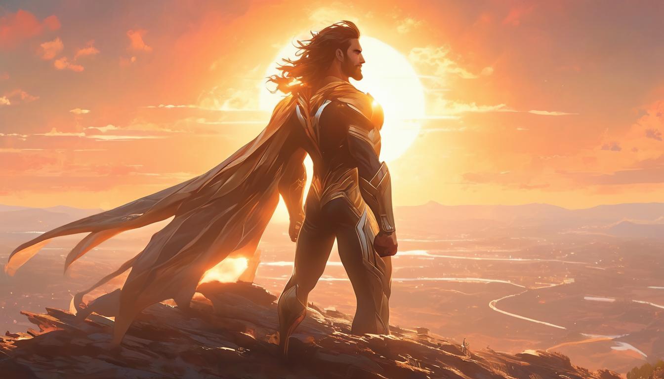  hyperrealism,fantasy aestheticA person, standing on a hilltop, arms outstretched towards the horizon, sunrise, vast open landscape, free spirited, liberated, high tech clothing clad in sleek, futuristic costume with metallic accents and form fitting designs, marvel superhero comics style, unreal engine rendering