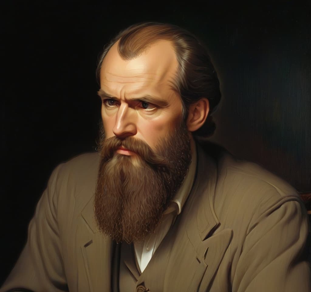  (Oil Painting digital art:1.4) painting, Fyodor Mikhailovich Dostoevsky stands over the table and looks hyperrealistic, full body, detailed clothing, highly detailed, cinematic lighting, stunningly beautiful, intricate, sharp focus, f/1. 8, 85mm, (centered image composition), (professionally color graded), ((bright soft diffused light)), volumetric fog, trending on instagram, trending on tumblr, HDR 4K, 8K