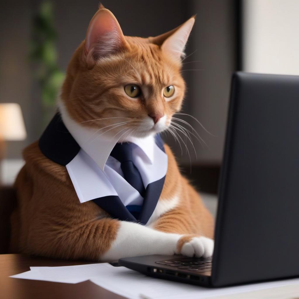  The cat in a business suit sits at the table, looks at the laptop, a lamp burns on the table, it is dark outside the office of the office.