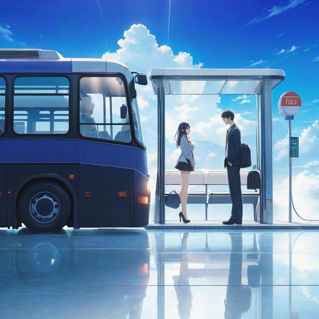  a man and a woman standing in front of a bus, a picture, pixiv, conceptual art, wallpaper anime blue water, very beautiful photo, bus station, serene illustration hyperrealistic, full body, detailed clothing, highly detailed, cinematic lighting, stunningly beautiful, intricate, sharp focus, f/1. 8, 85mm, (centered image composition), (professionally color graded), ((bright soft diffused light)), volumetric fog, trending on instagram, trending on tumblr, HDR 4K, 8K