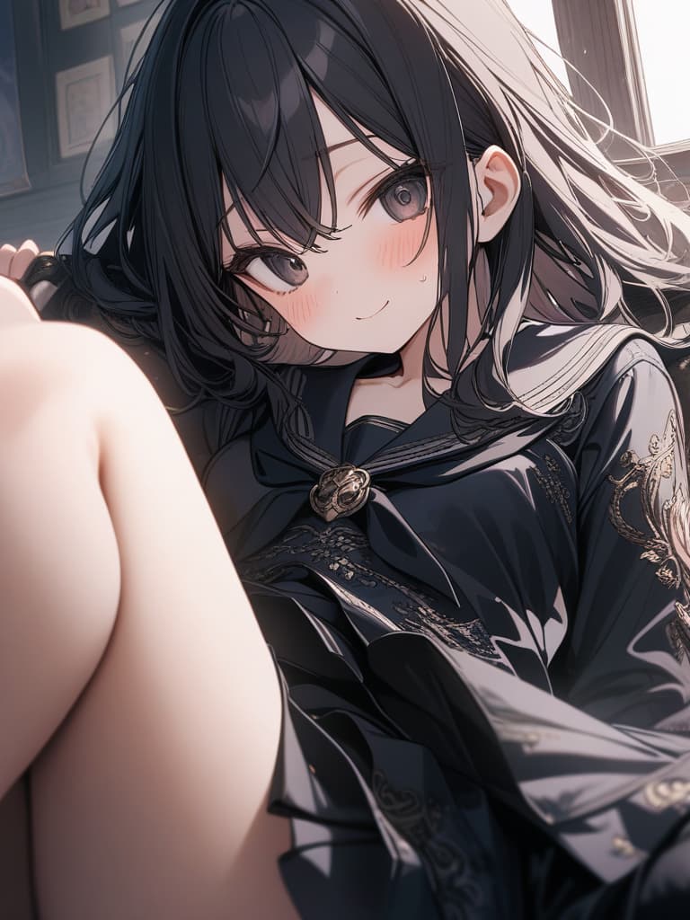  Cute, girl, big eyes, skirts, black clothes, black sailor clothes, shy, black eyes, sauce eyes, sage, smile, masterpiece, best quality,8k,ultra detailed,high resolution,an extremely delicate and beautiful,hyper detail