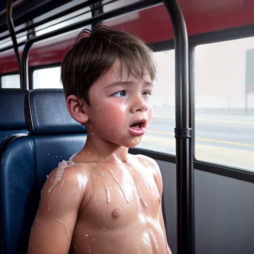  a very sweaty very young boy, caught on a public bus, is discovered by the viewer. The young 's face is rendered in exquisite detail, a look of and arousal as he realizes he's been caught the boy on the bus seat lets out a stream of warm, viscous liquid shooting out from his huge engorged erect tip coating his and splattering onto the floor of the bus, the pinnacle of his is his sweaty features, high-angle shot, dramatic angle, extreme angle shot, photo-realistic, volumetric fog, 85mm lens, HDR, cinematic