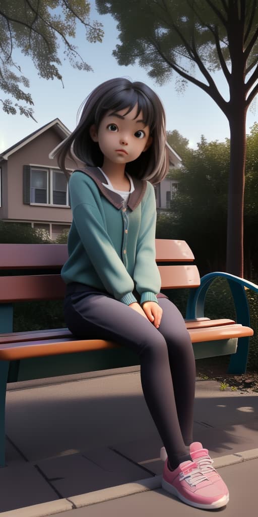  girl-sitting on a bench near the house
